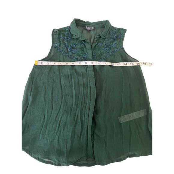 Topshop Green Sheer Blouse Blue Lace Woman Size 4 Sleeveless Button Up - Picture 7 of 8